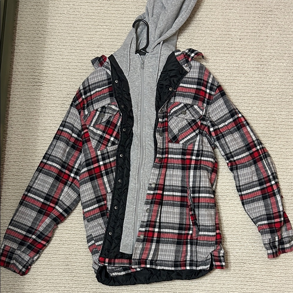 RedHead Gray and Red Plaid Puffer Jacket with Hoodie